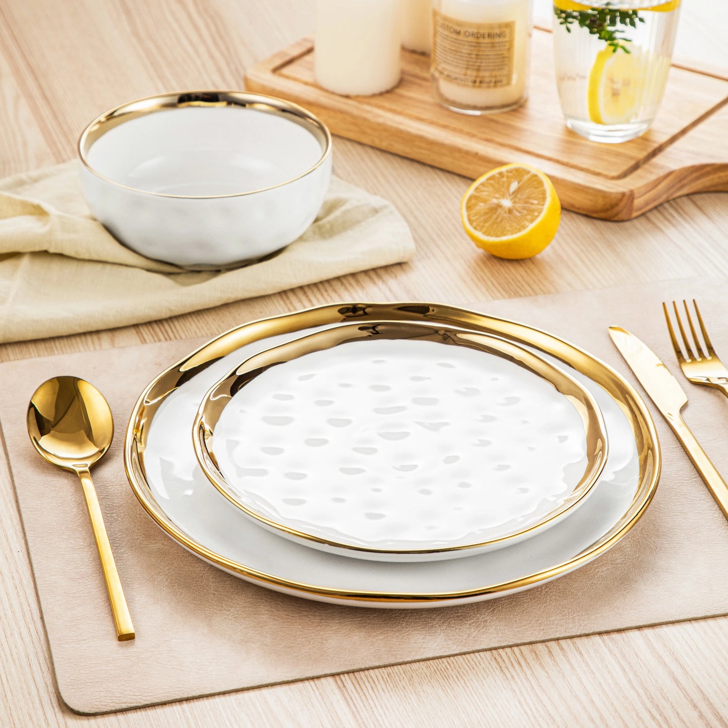 12/24 PC Ceramic Porcelain White Golden Rim Dinnerware Sets