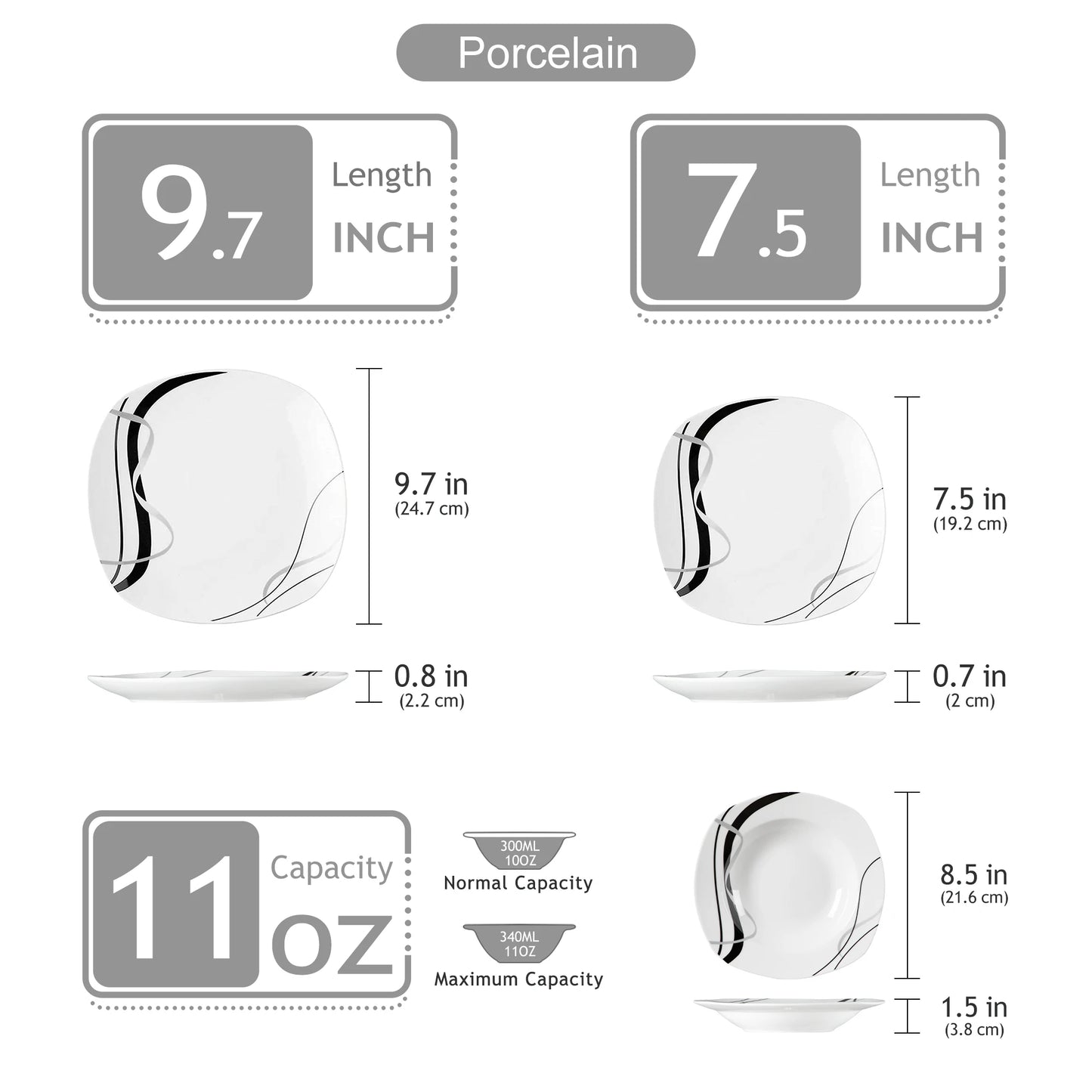 18/36-Piece Porcelain Ceramic Black Line Tableware Plate Set