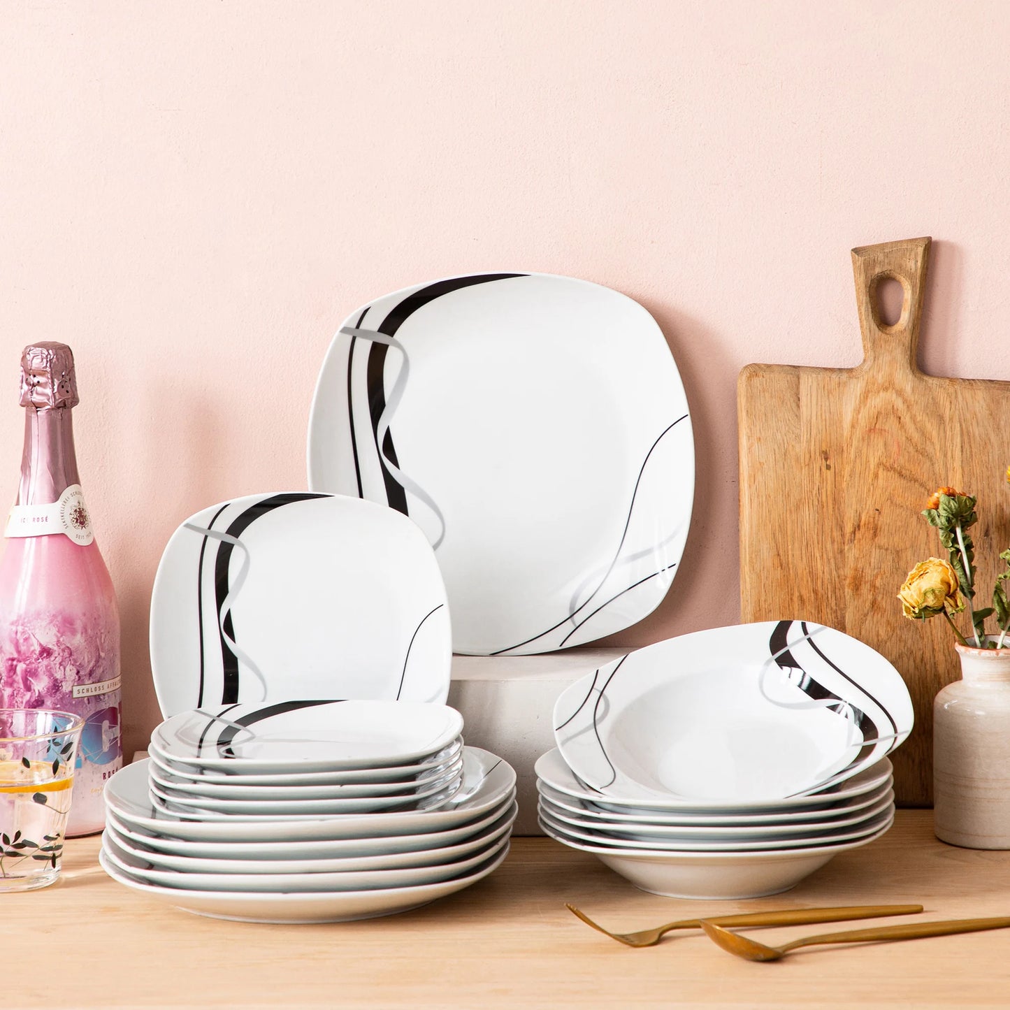 18/36-Piece Porcelain Ceramic Black Line Tableware Plate Set