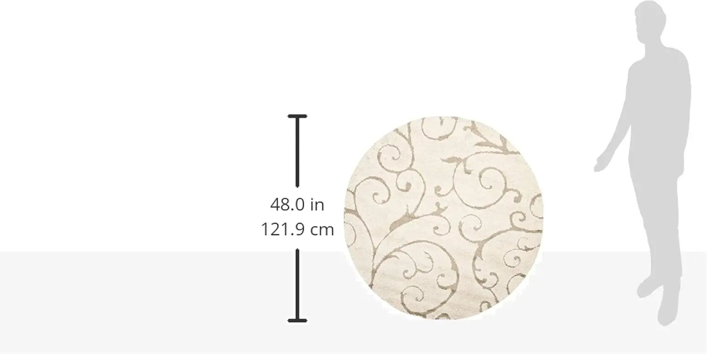 4' Round Shag Area Rug - Cream & Beige Scroll Design