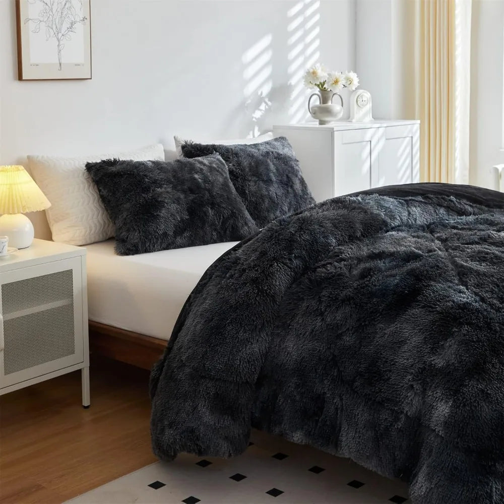 3PC King Size Faux Fur Black Comforter Set