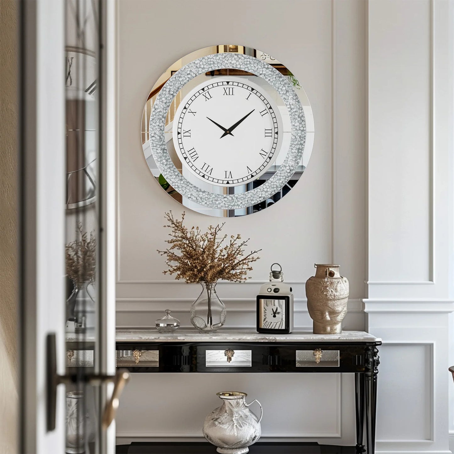Silver, Tawny Tinted Crush Diamond Large Mirrored Wall Clock
