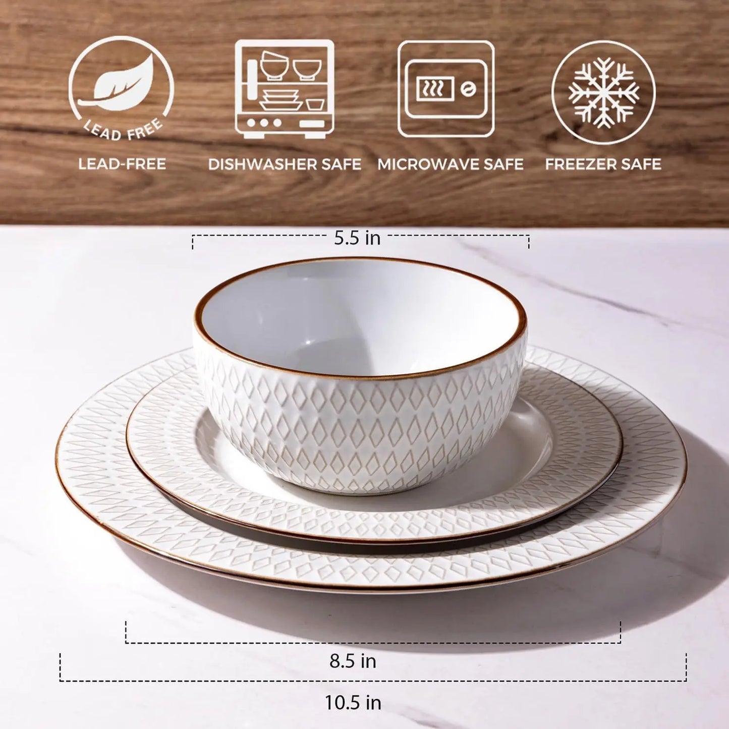 Ceramic Dinnerware Sets,12-pcs Embossed Elegant Stoneware