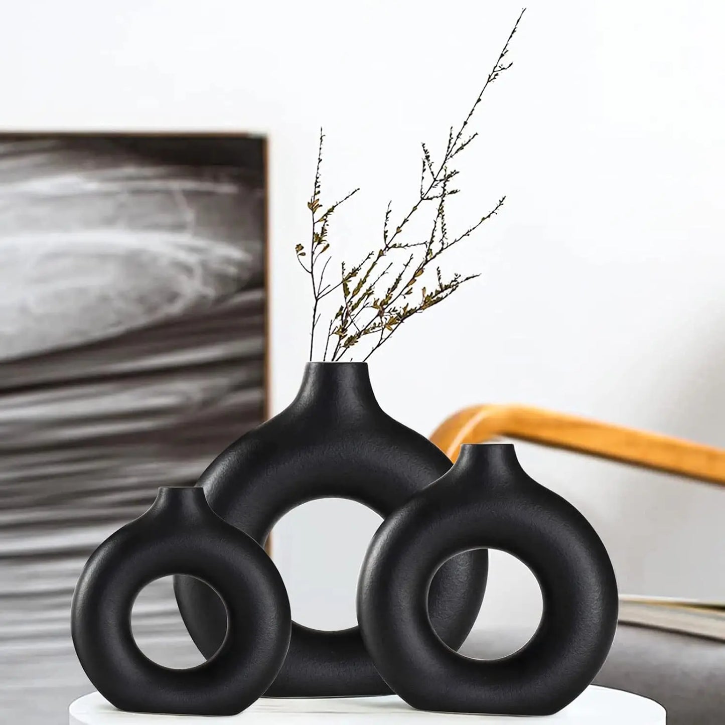 Black Ceramic Vases Set-of-3 Modern Home Decor