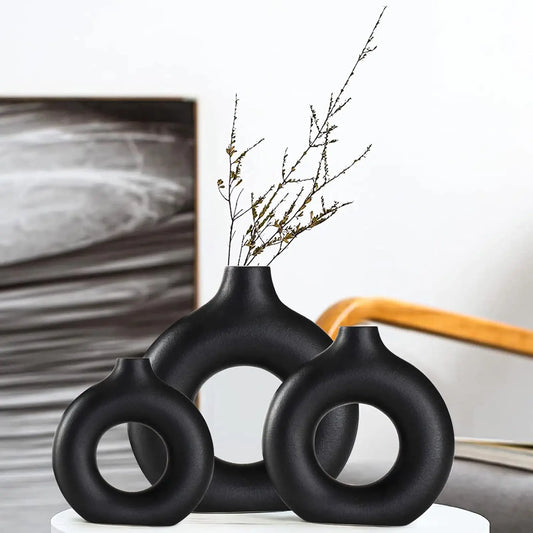 Black Ceramic Vases Set-of-3 Modern Home Decor