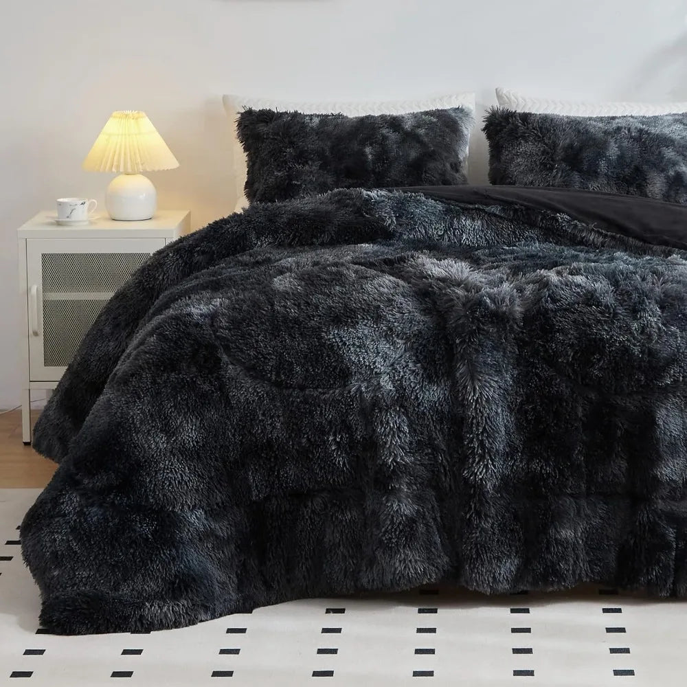 3PC King Size Faux Fur Black Comforter Set