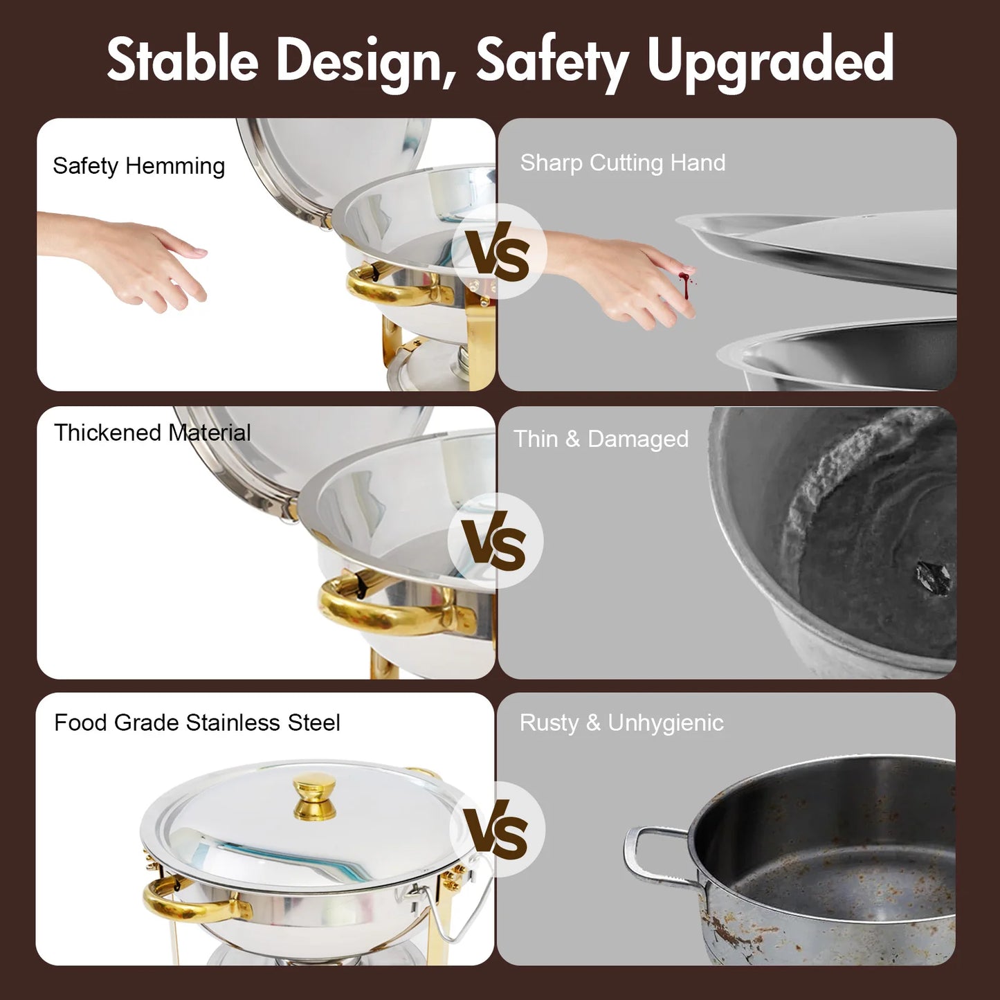 5QT Chafing Dish Buffet Set Stainless Steel Round Half-Gold Plated