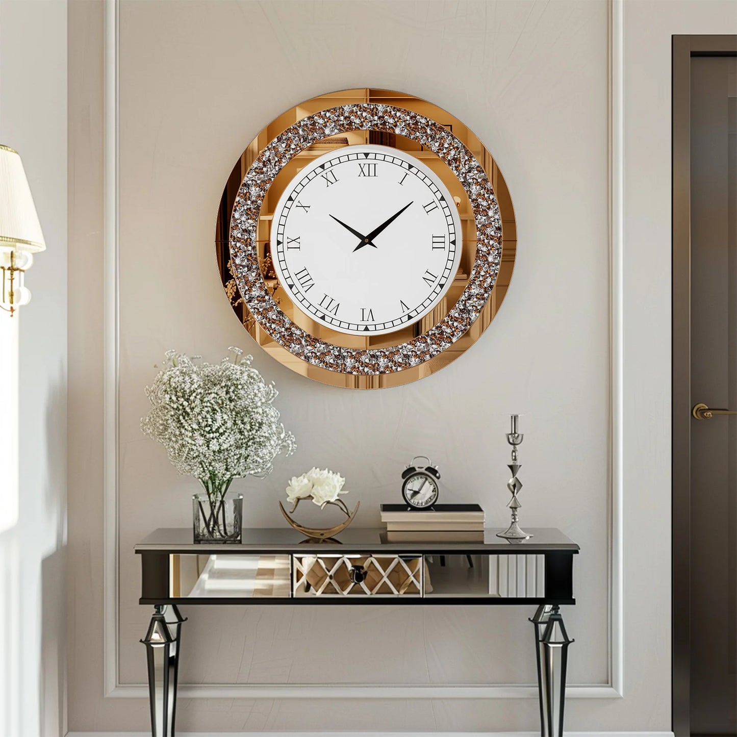 Silver, Tawny Tinted Crush Diamond Large Mirrored Wall Clock