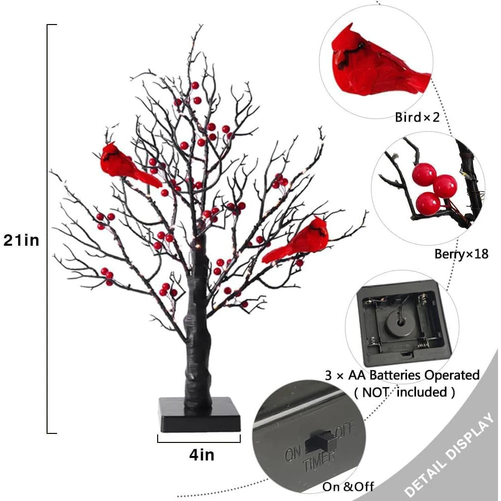 LED Light Tree Red Bird & Berries Table Decoration