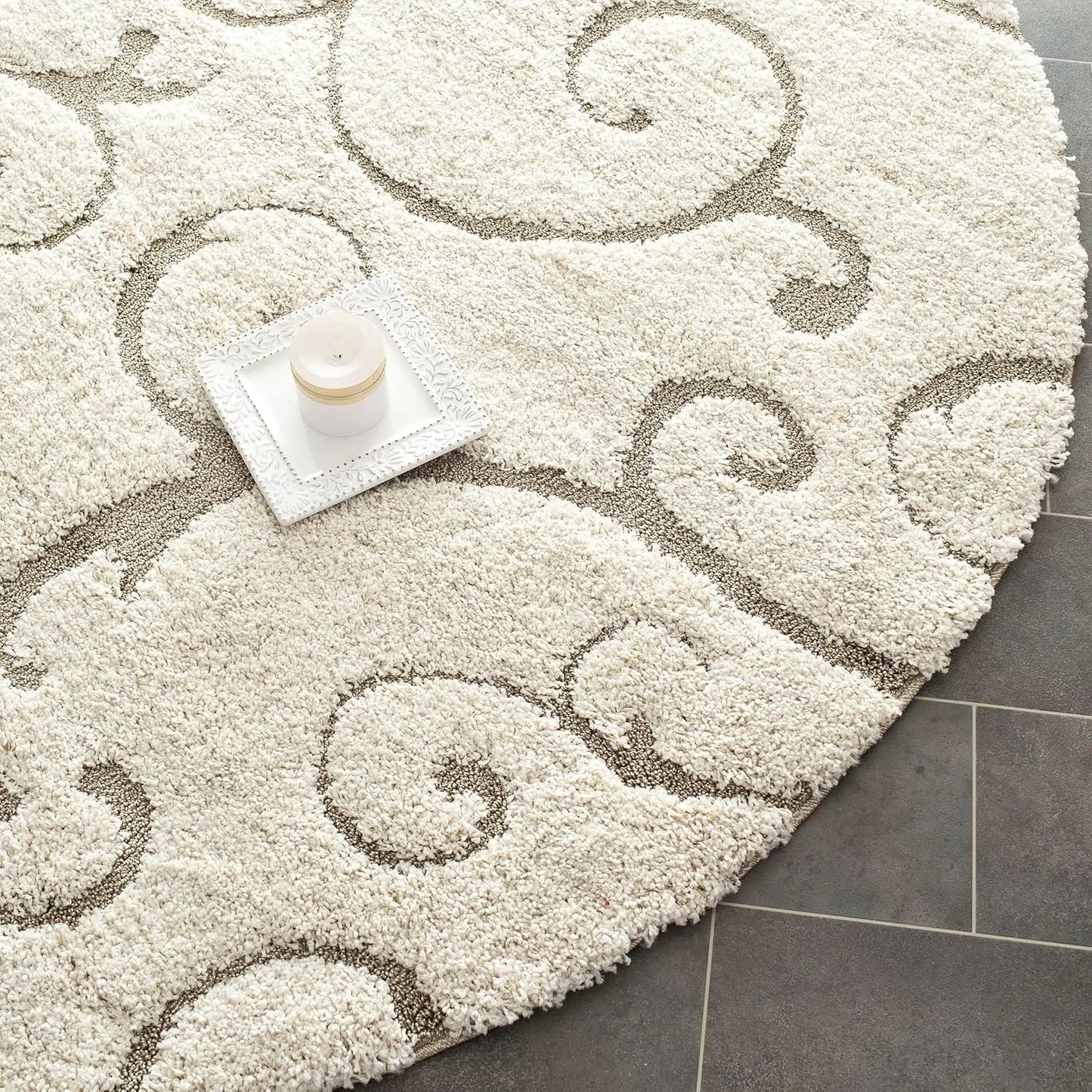 4' Round Shag Area Rug - Cream & Beige Scroll Design