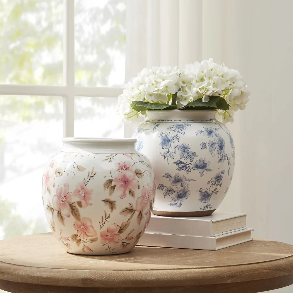 Blue Floral Pattern Round Ceramic Vase