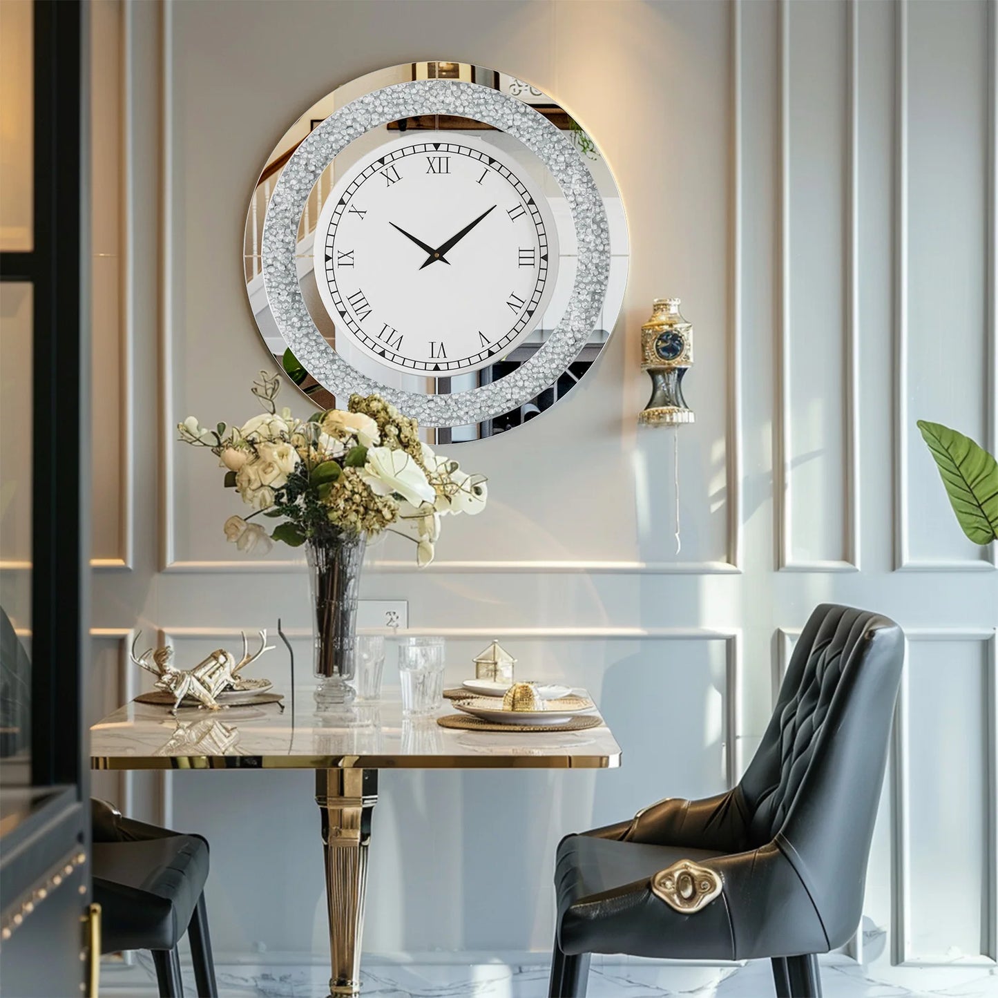Silver, Tawny Tinted Crush Diamond Large Mirrored Wall Clock