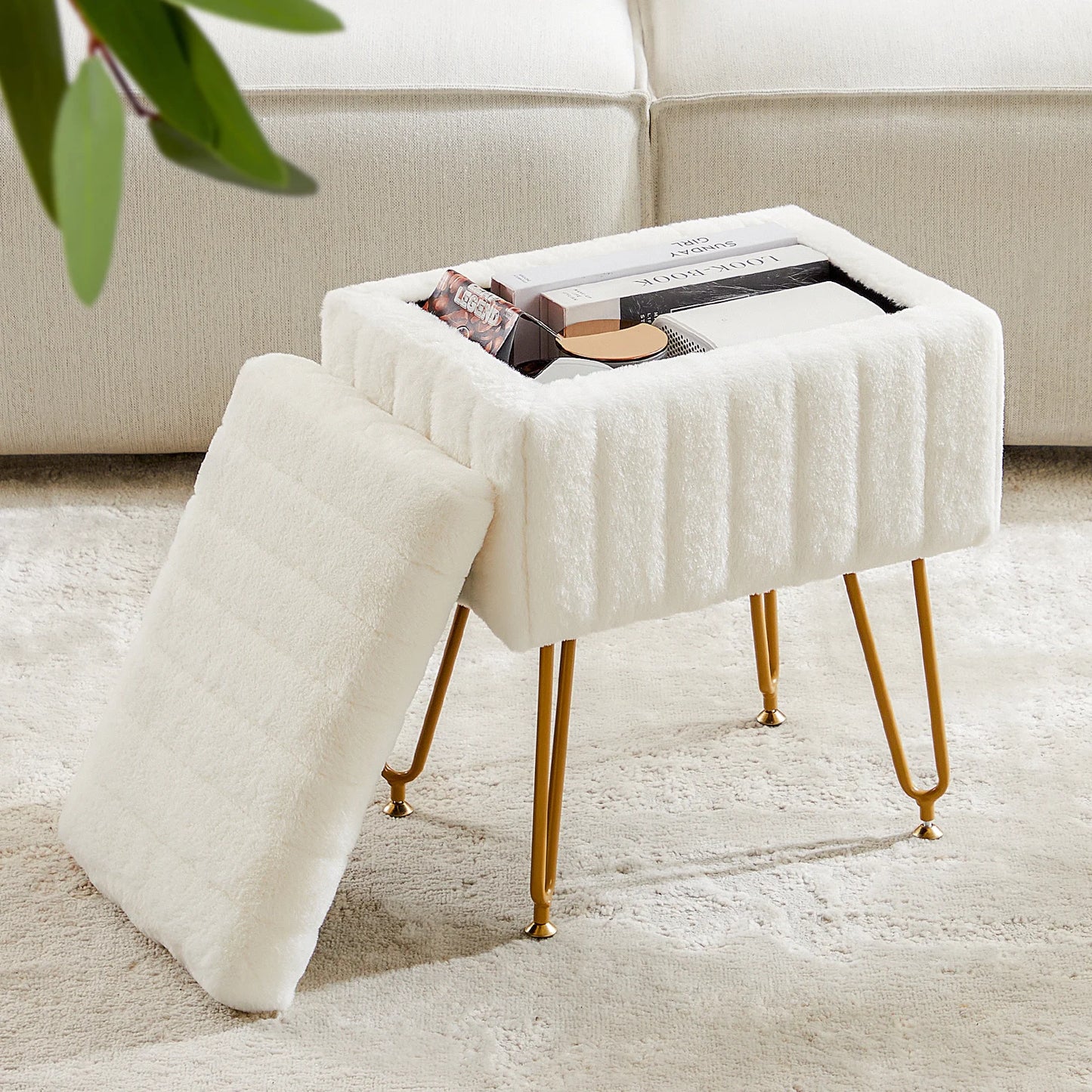Faux Fur Living Room Hidden Storage Ottoman