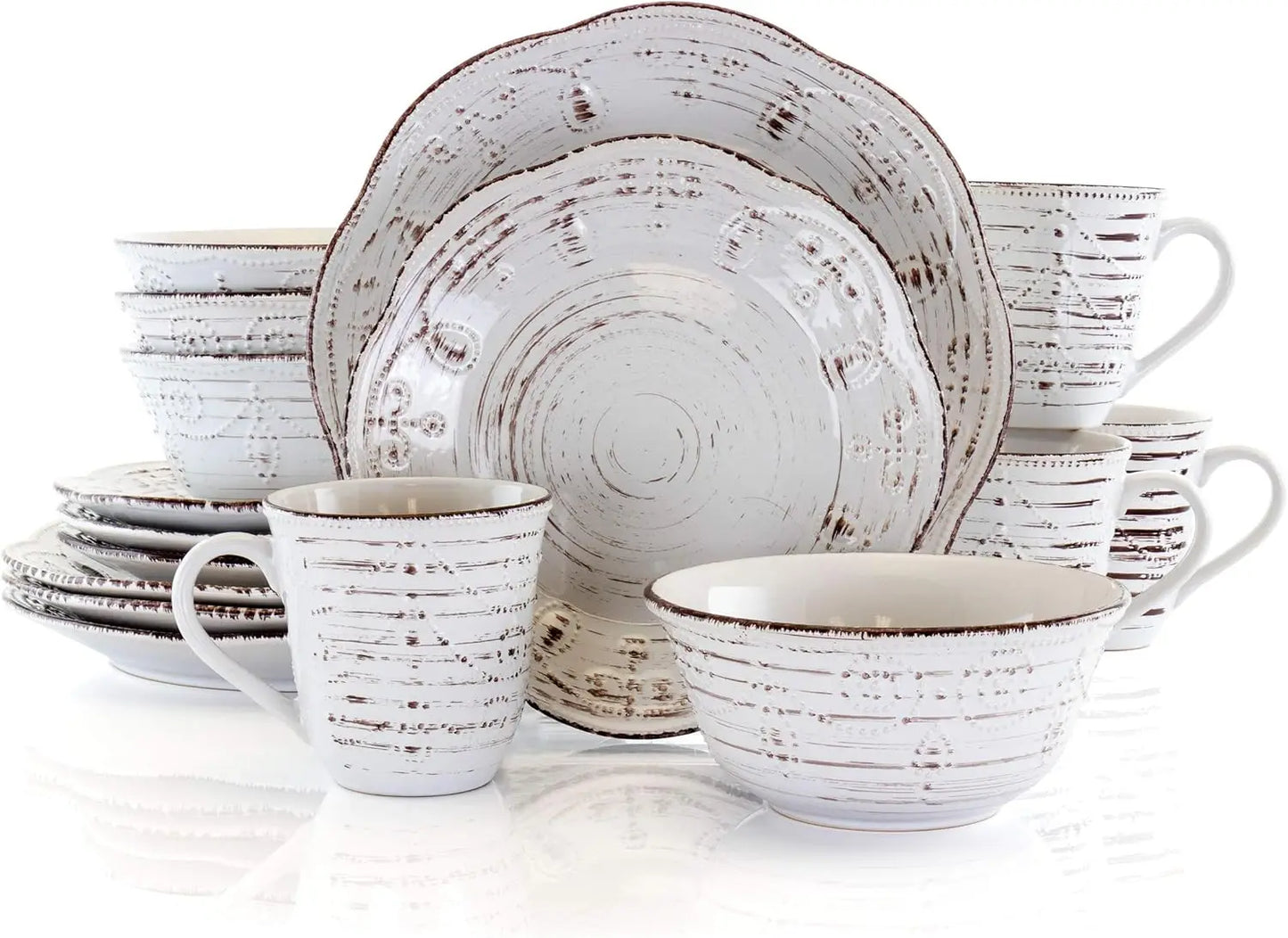 Rustic Birch Embossed Scalloped Stoneware Dinnerware Set