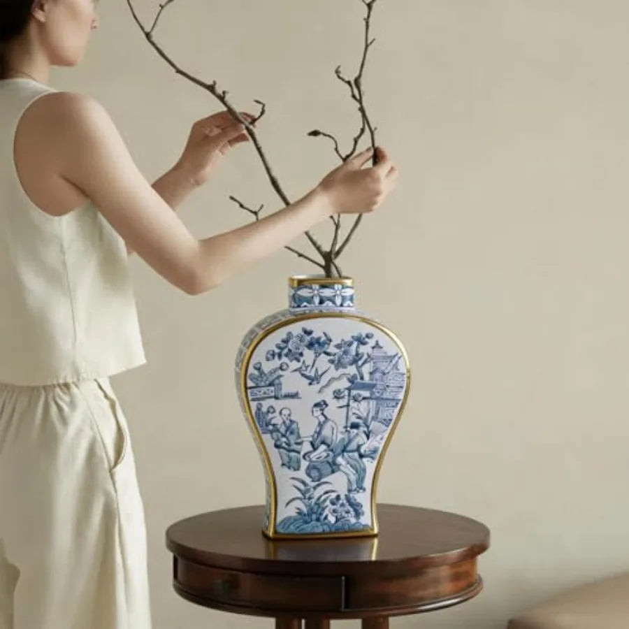 Hand-Painted Ceramic Bud Vase with Gold Rim