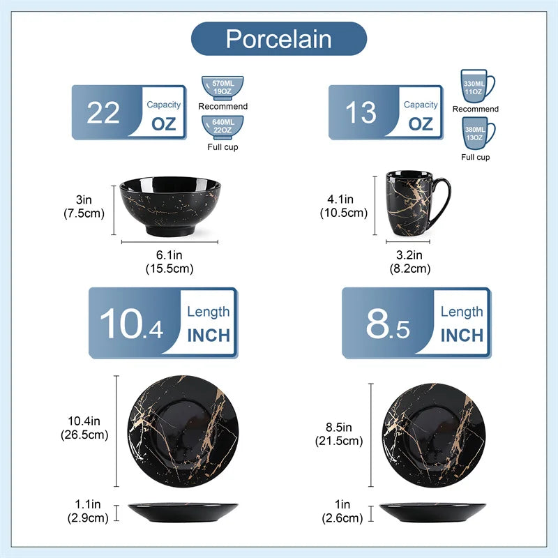 Black Porcelain Tableware Set By Gold Splash 16 Pcs