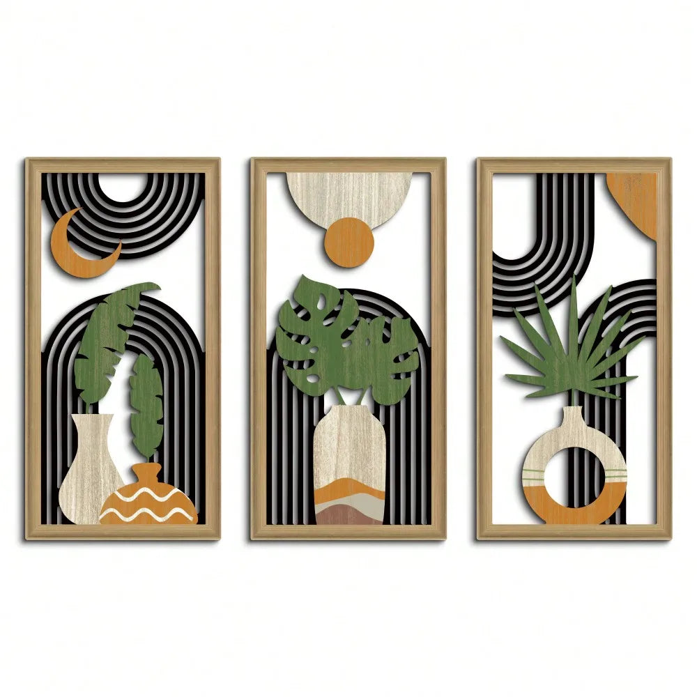 3pcs Boho Hollow Wooden Wall Art: Vase/Plant/Banana Leaf