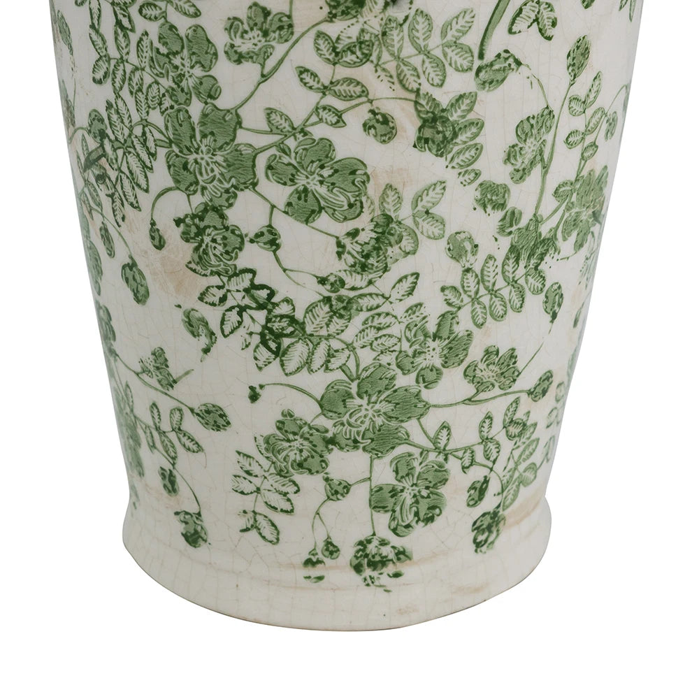 White Ceramic Flower Vase with Green Floral Pattern
