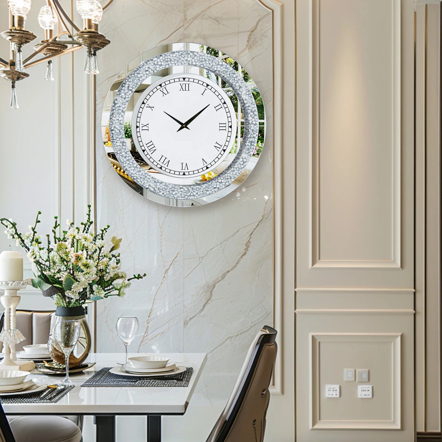 Silver, Tawny Tinted Crush Diamond Large Mirrored Wall Clock