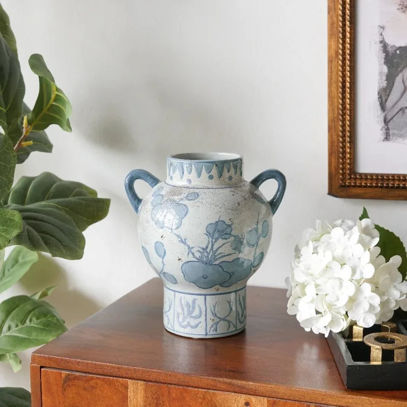 Ceramic Vase with Abstract Floral Bottle Pattern Handles