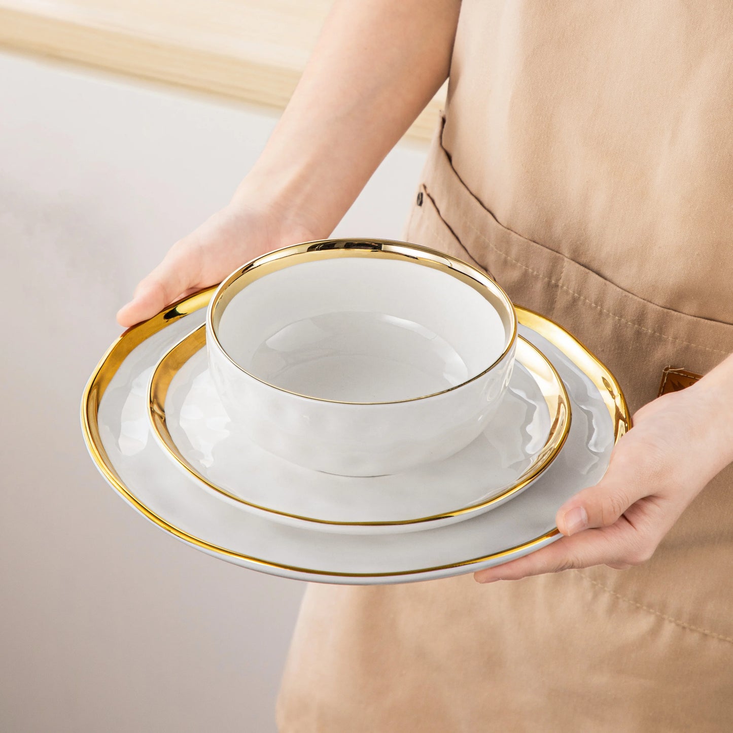 12/24 PC Ceramic Porcelain White Golden Rim Dinnerware Sets