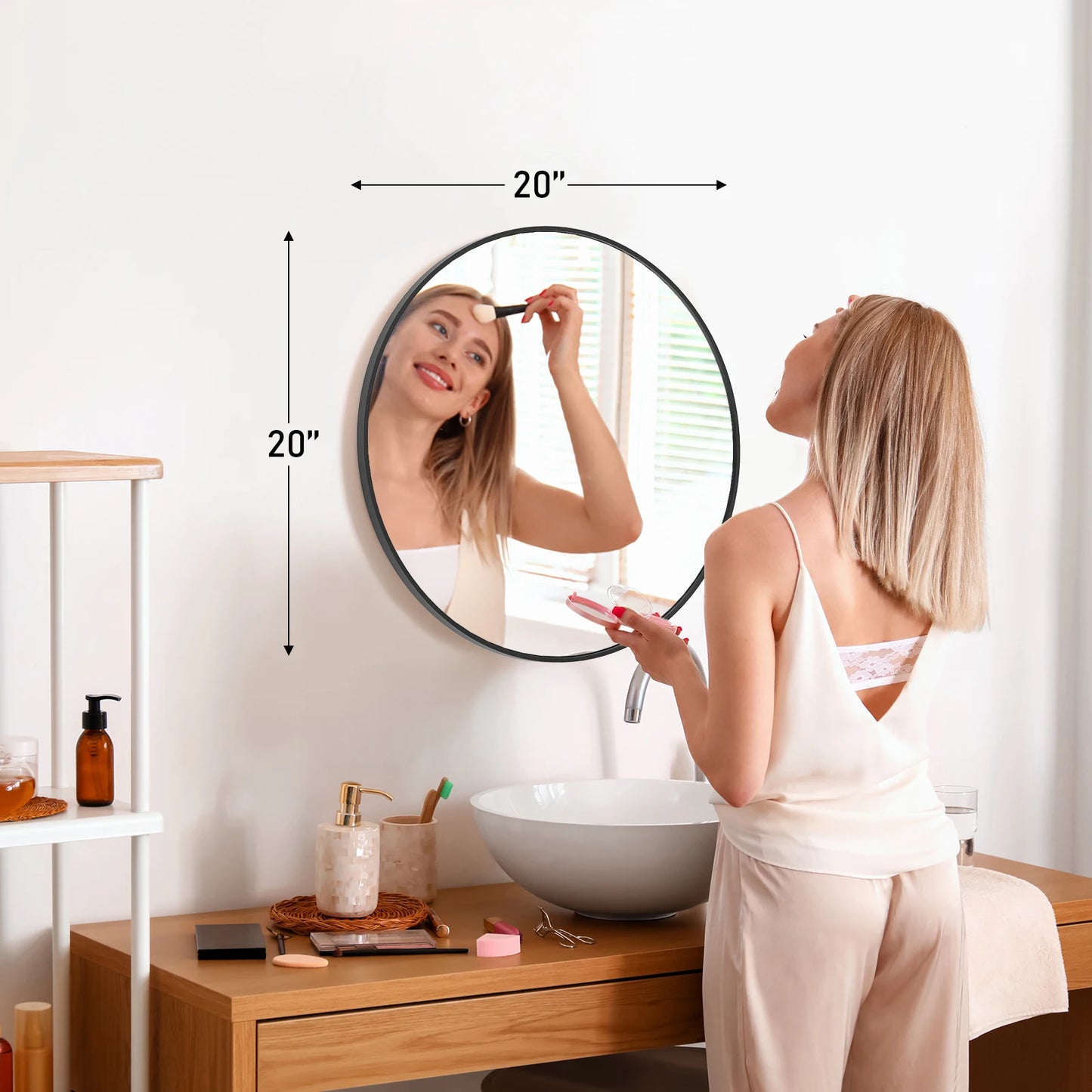 Modern Round Tempered Glass Mirror w/ Matte Metal Frame