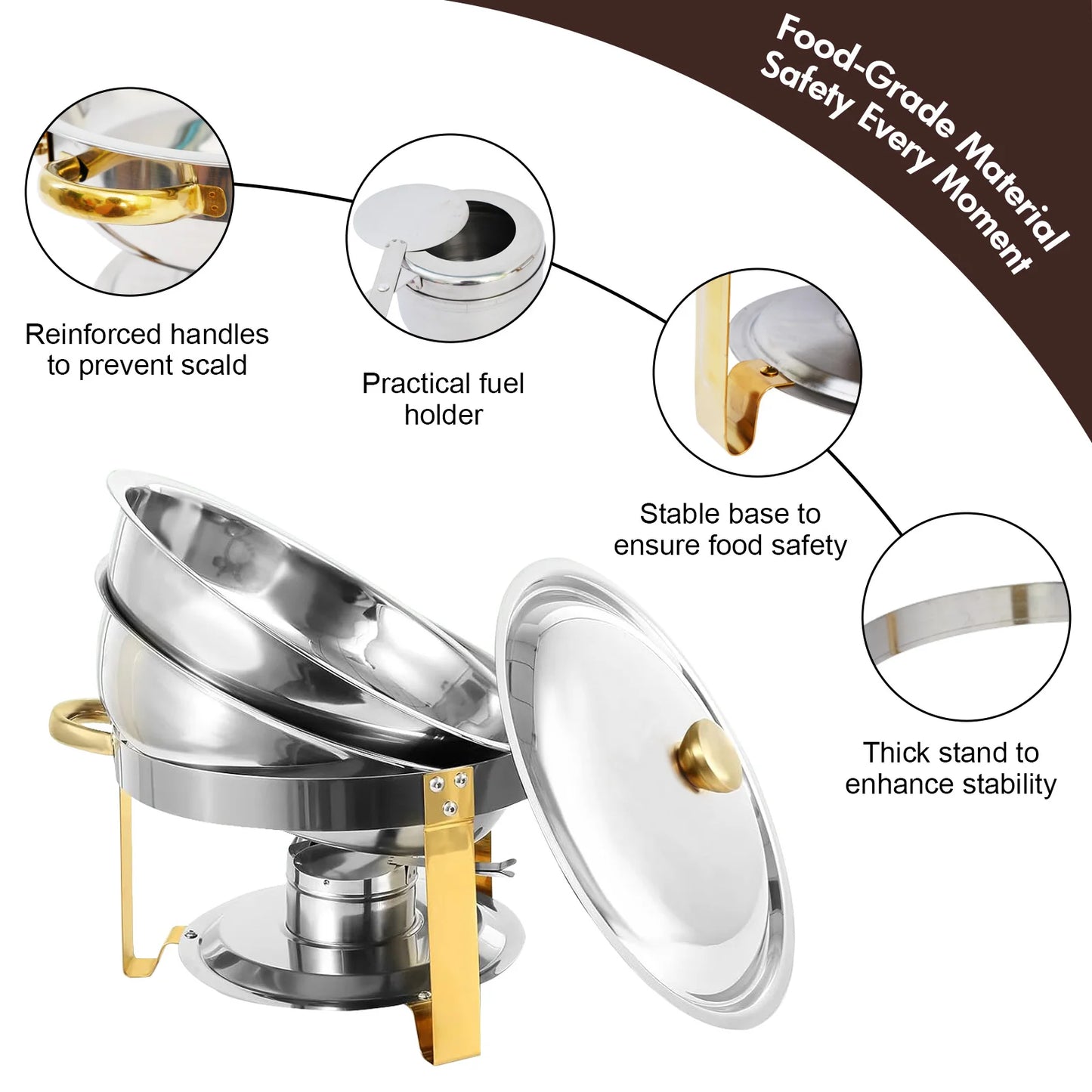 5QT Chafing Dish Buffet Set Stainless Steel Round Half-Gold Plated
