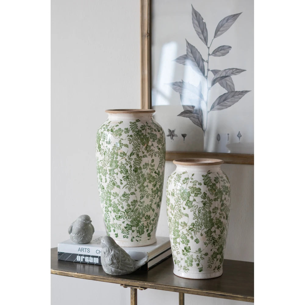 White Ceramic Flower Vase with Green Floral Pattern