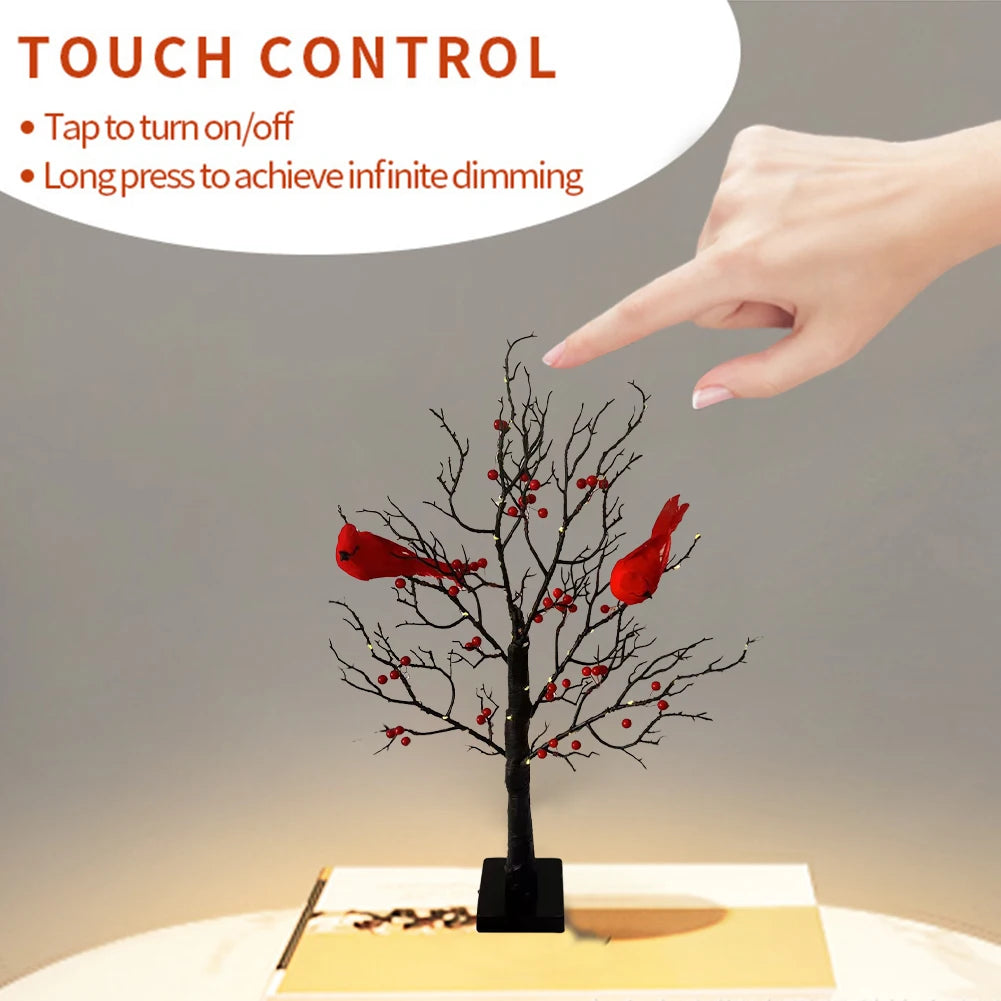 LED Light Tree Red Bird & Berries Table Decoration