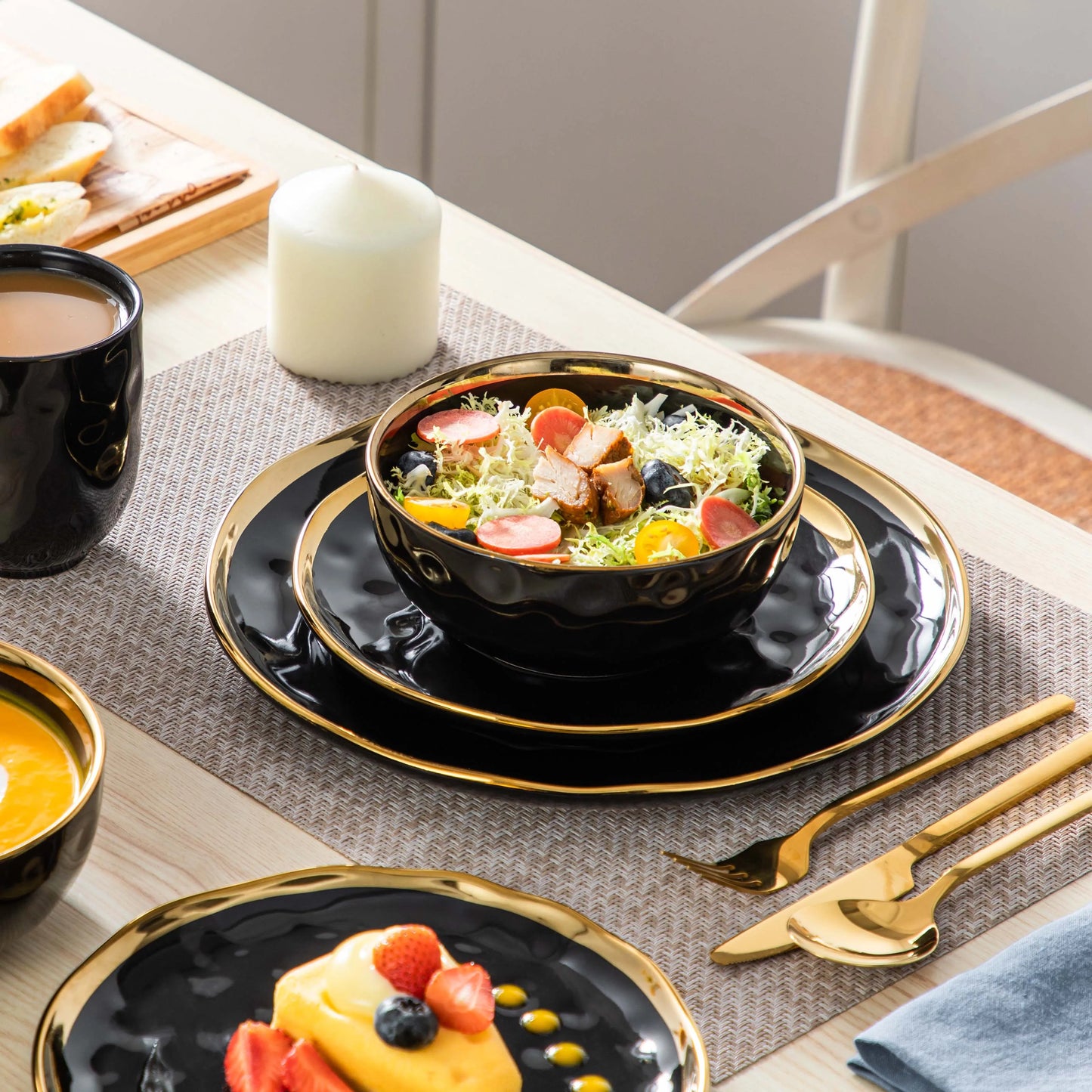 16/32 Piece Black Porcelain Dinnerware Set with Gold Trim