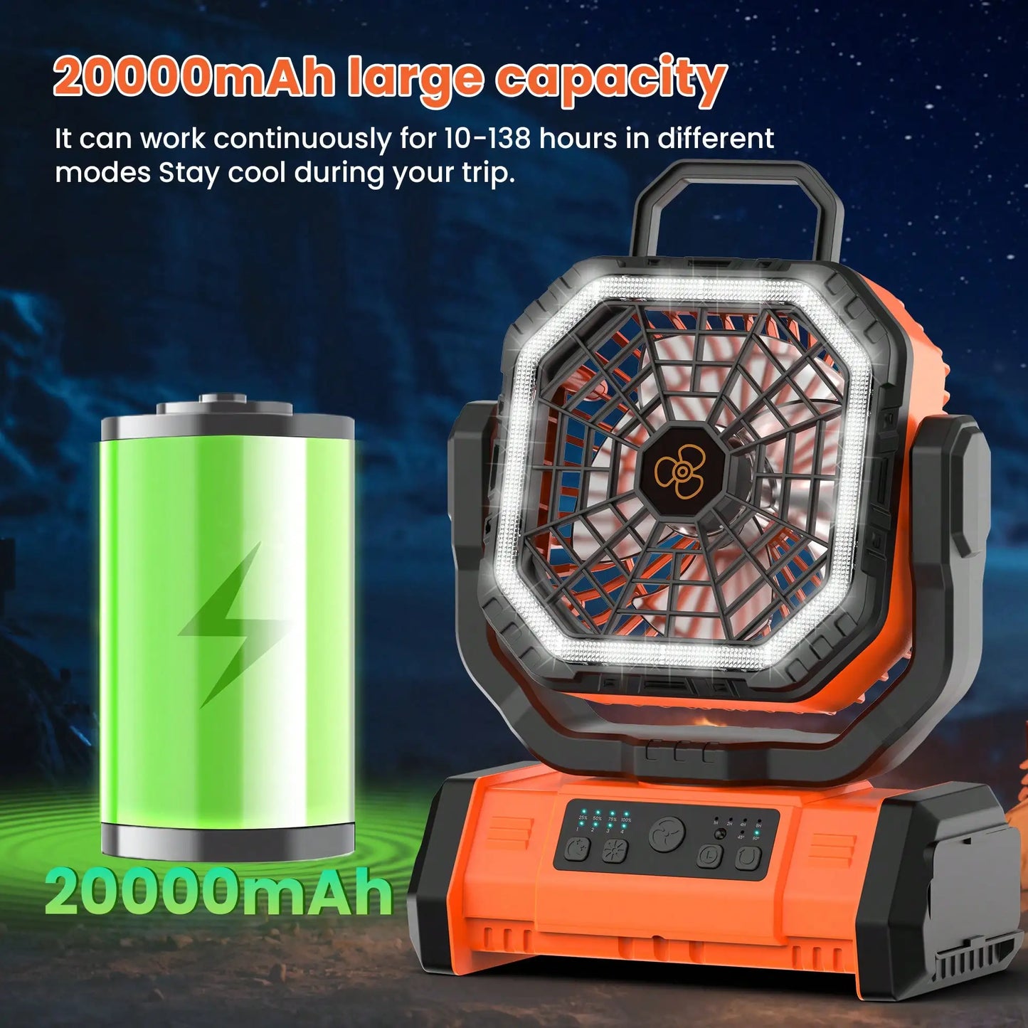 20000mAh Camping 4-Speeds Fan With LED Lantern