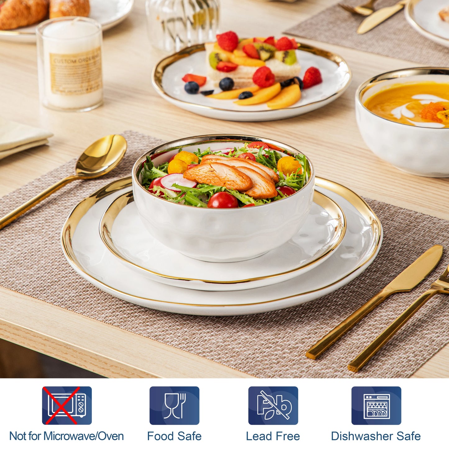 12/24 PC Ceramic Porcelain White Golden Rim Dinnerware Sets