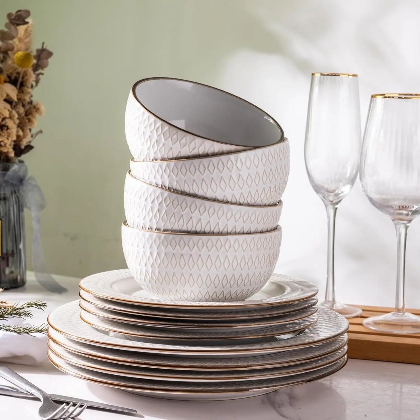 Ceramic Dinnerware Sets,12-pcs Embossed Elegant Stoneware