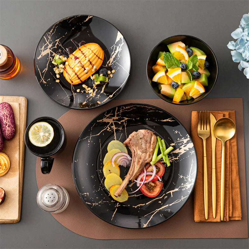 Black Porcelain Tableware Set By Gold Splash 16 Pcs
