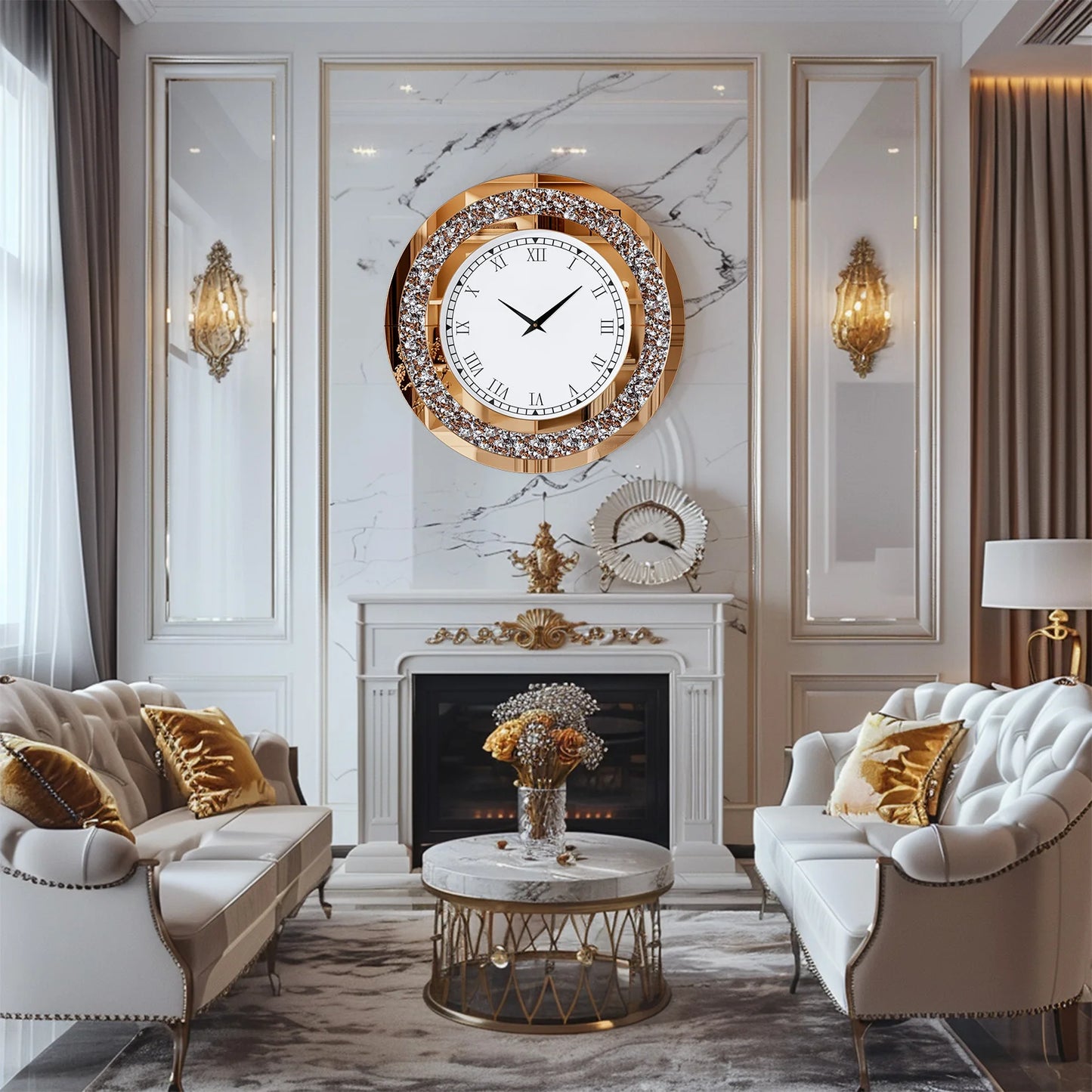 Silver, Tawny Tinted Crush Diamond Large Mirrored Wall Clock