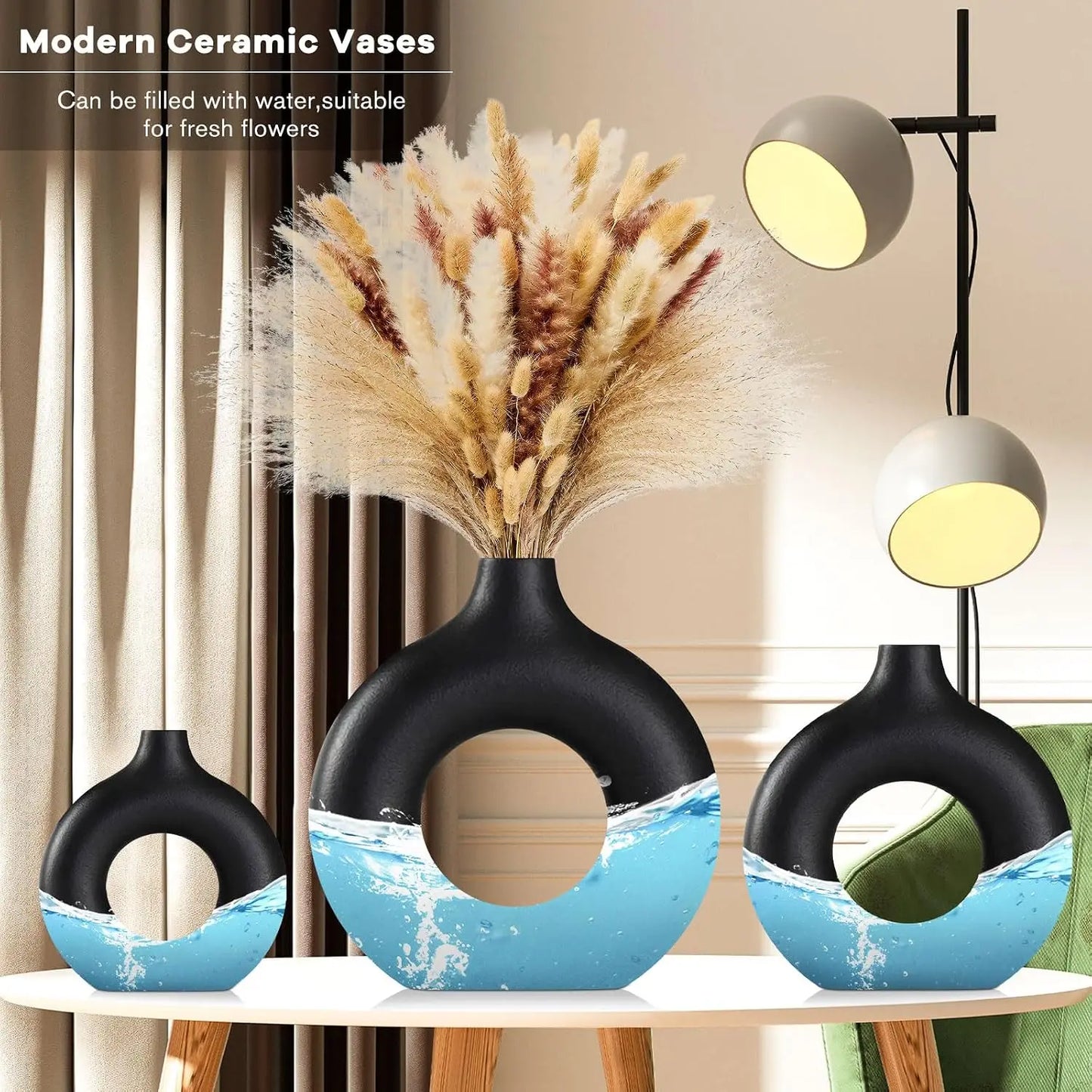 Black Ceramic Vases Set-of-3 Modern Home Decor