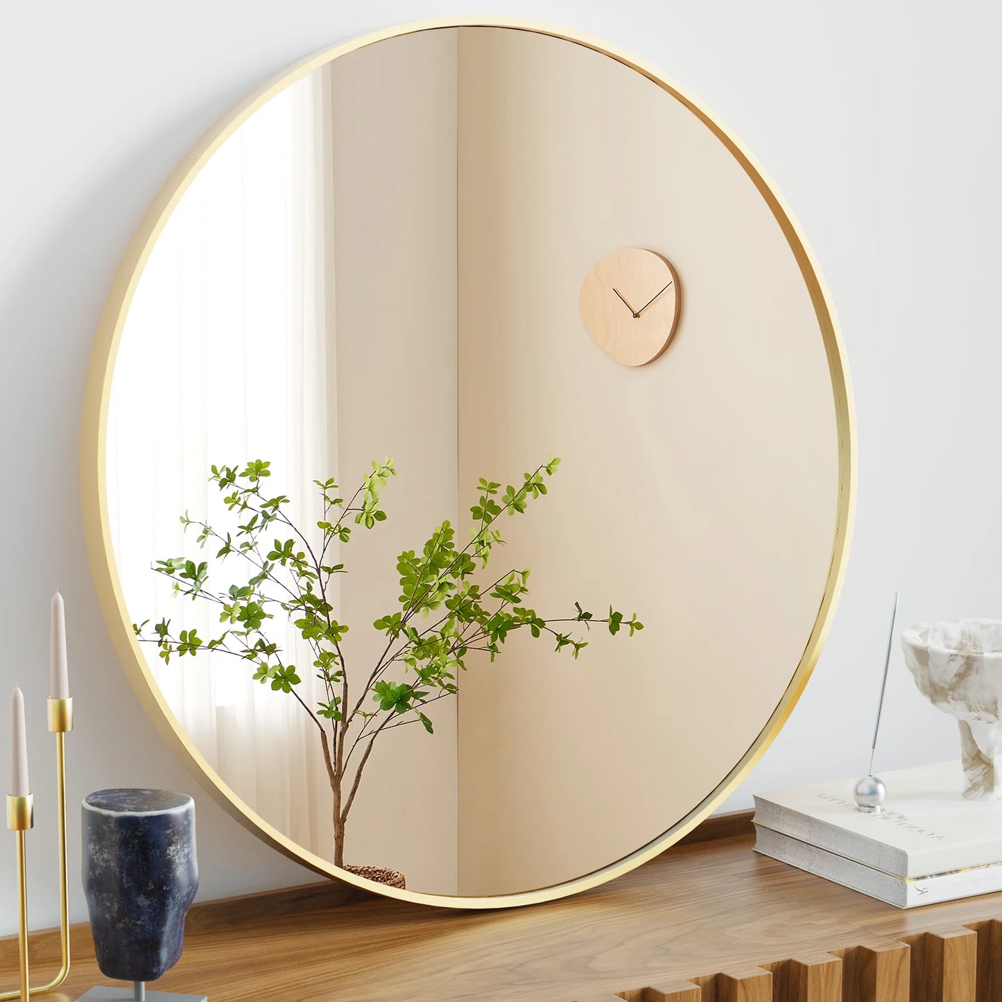 Modern Round Tempered Glass Mirror w/ Matte Metal Frame