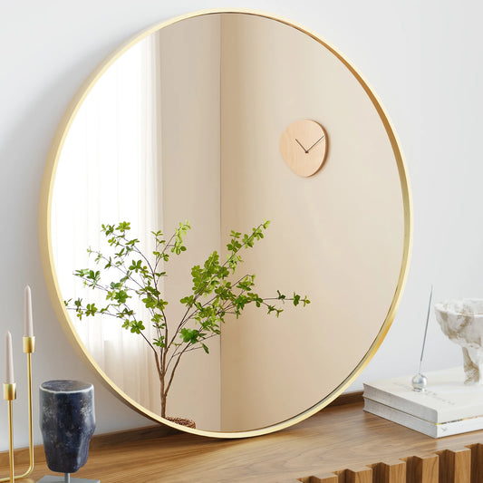 Modern Round Tempered Glass Mirror w/ Matte Metal Frame