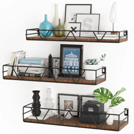 Set of 3 Floating Wood Wall Shelves Home Decor