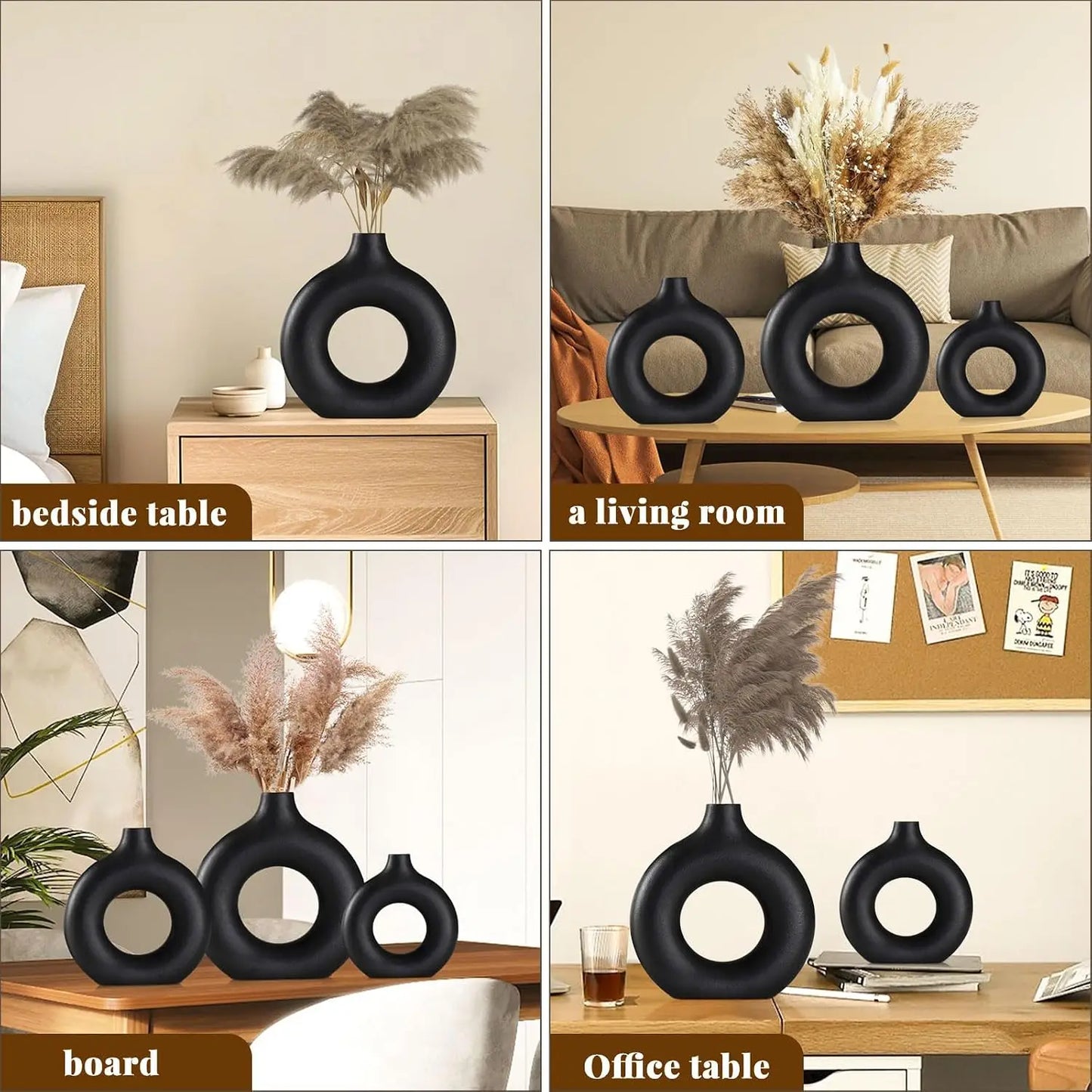 Black Ceramic Vases Set-of-3 Modern Home Decor
