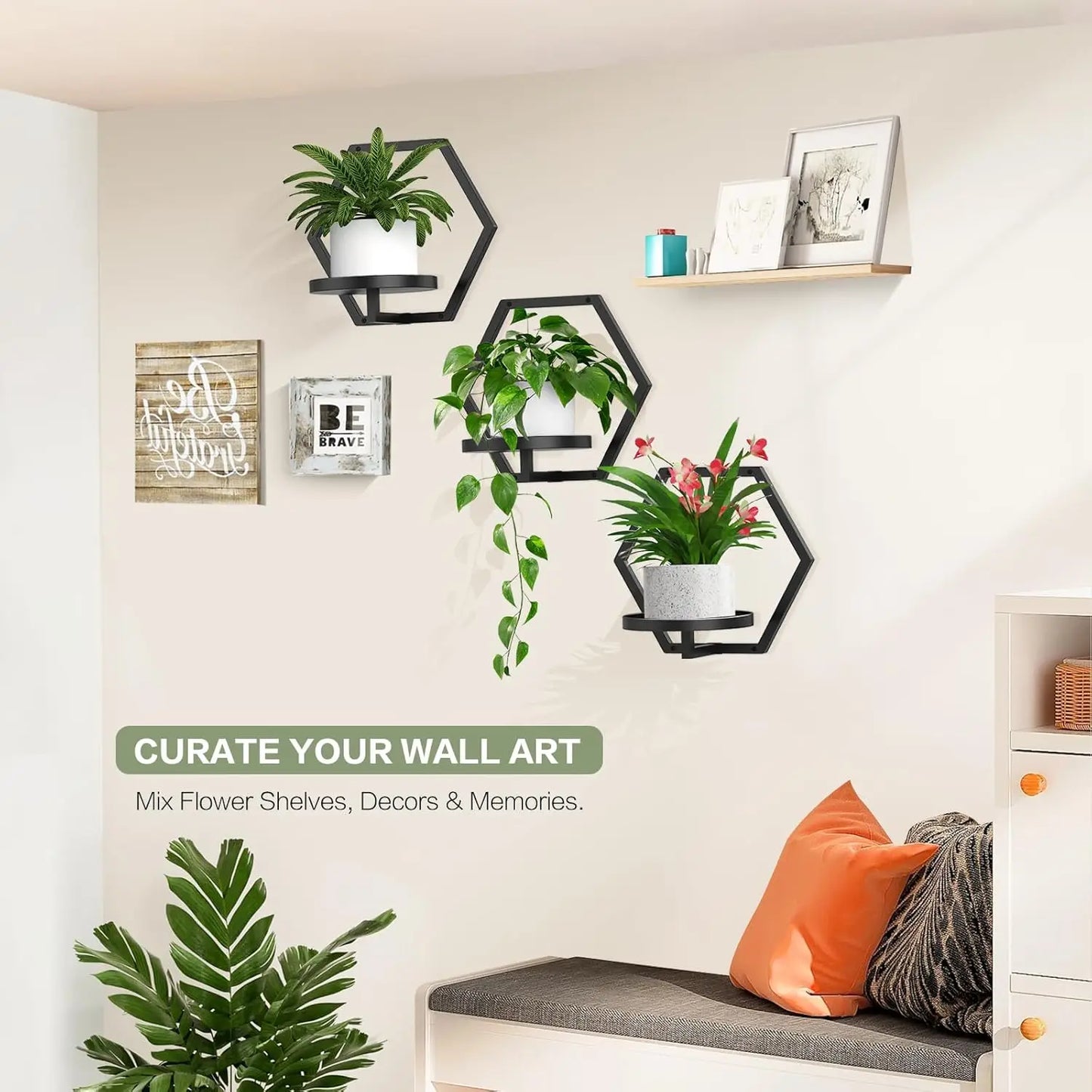 3-Pack Hexagonal Black Metal Wall Planters