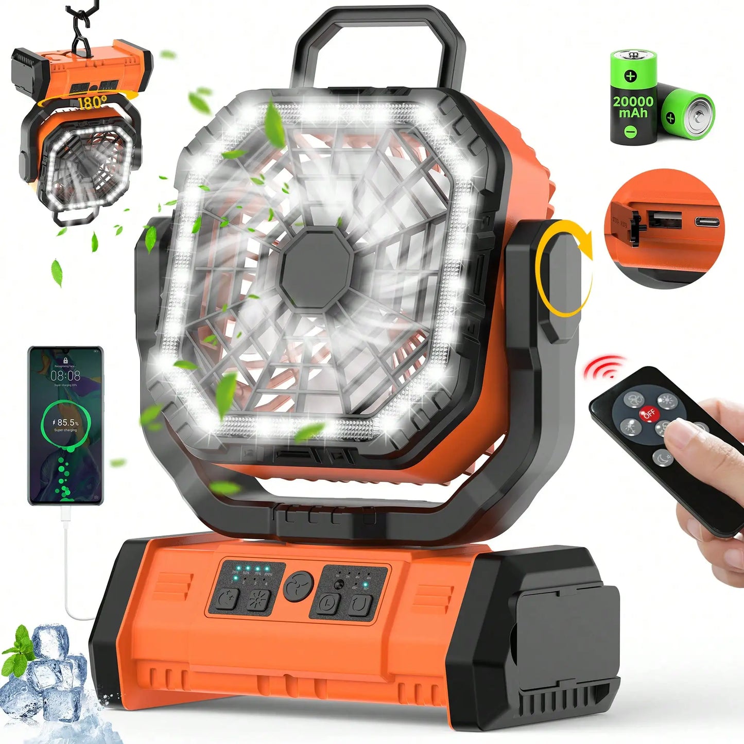 20000mAh Camping 4-Speeds Fan With LED Lantern