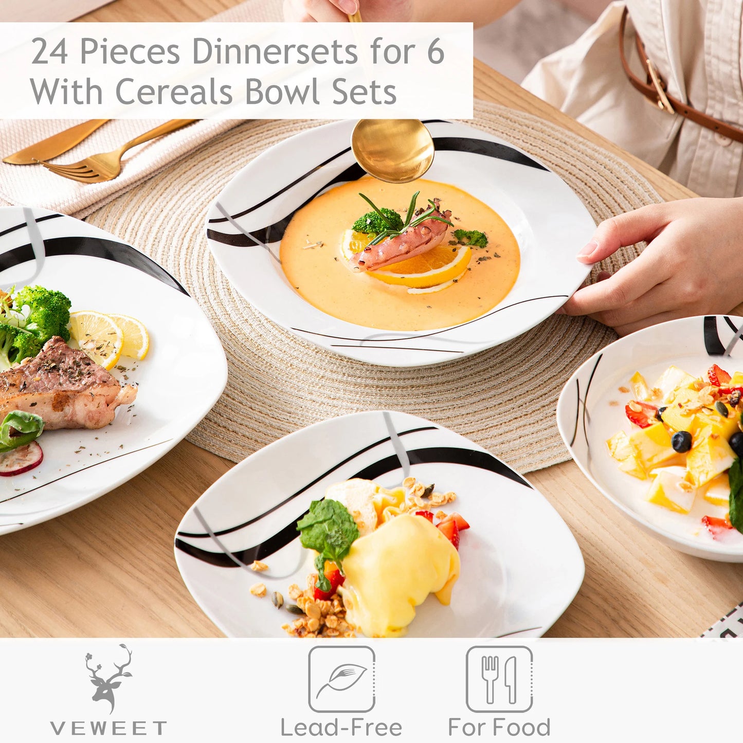 18/36-Piece Porcelain Ceramic Black Line Tableware Plate Set