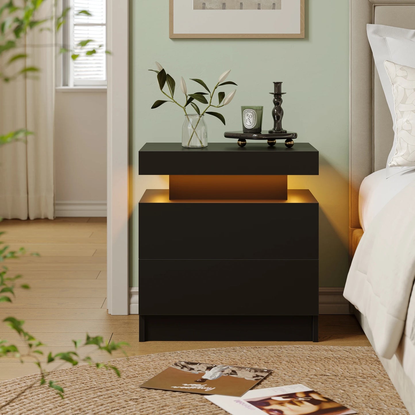 LED Nightstand w/ 2 Drawers and RGB LED Lights