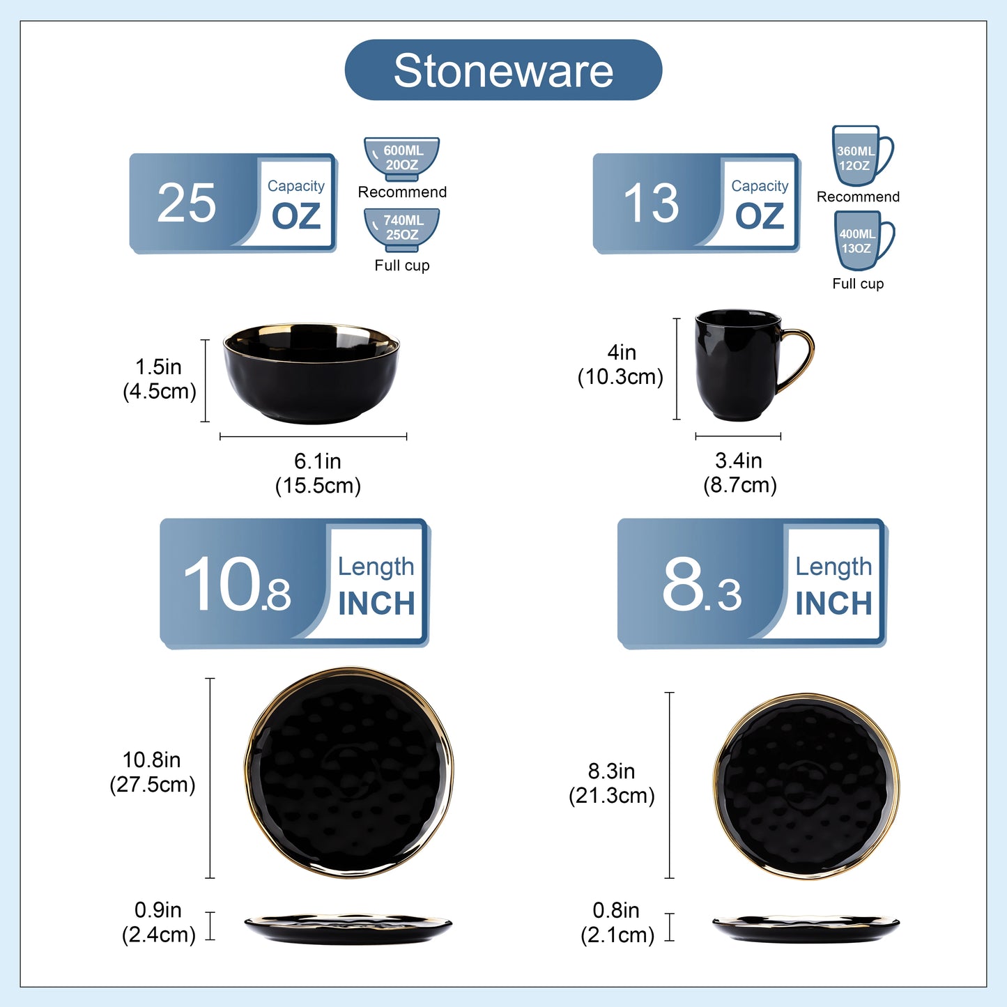 16/32 Piece Black Porcelain Dinnerware Set with Gold Trim