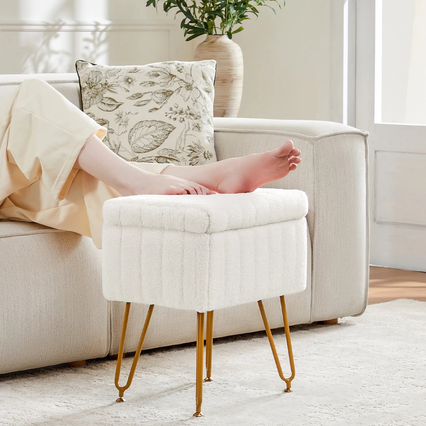 Faux Fur Living Room Hidden Storage Ottoman