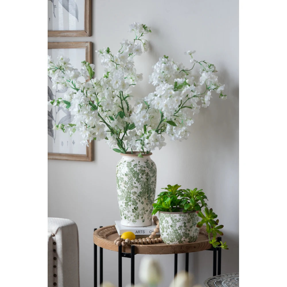 White Ceramic Flower Vase with Green Floral Pattern