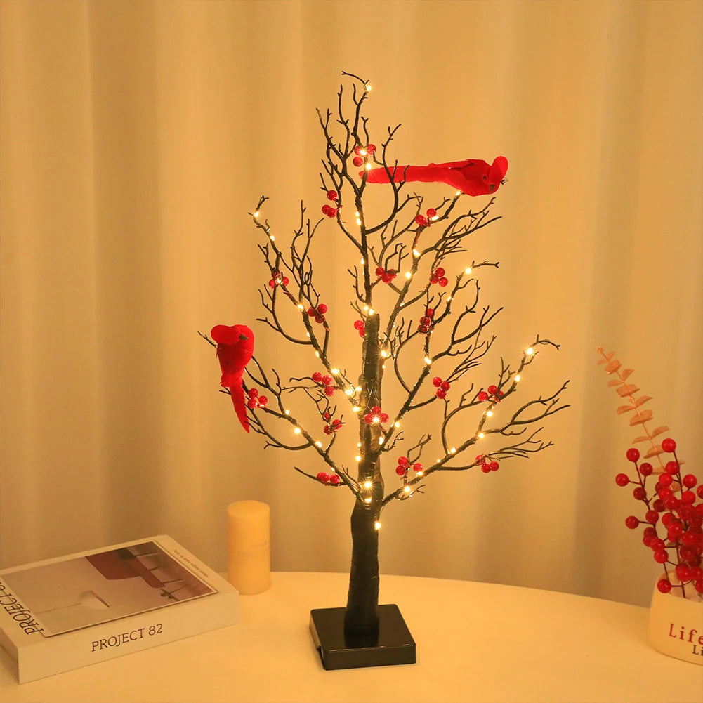 LED Light Tree Red Bird & Berries Table Decoration
