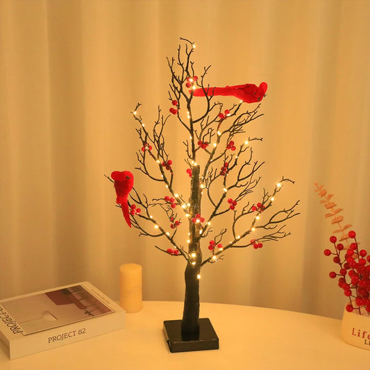 LED Light Tree Red Bird & Berries Table Decoration