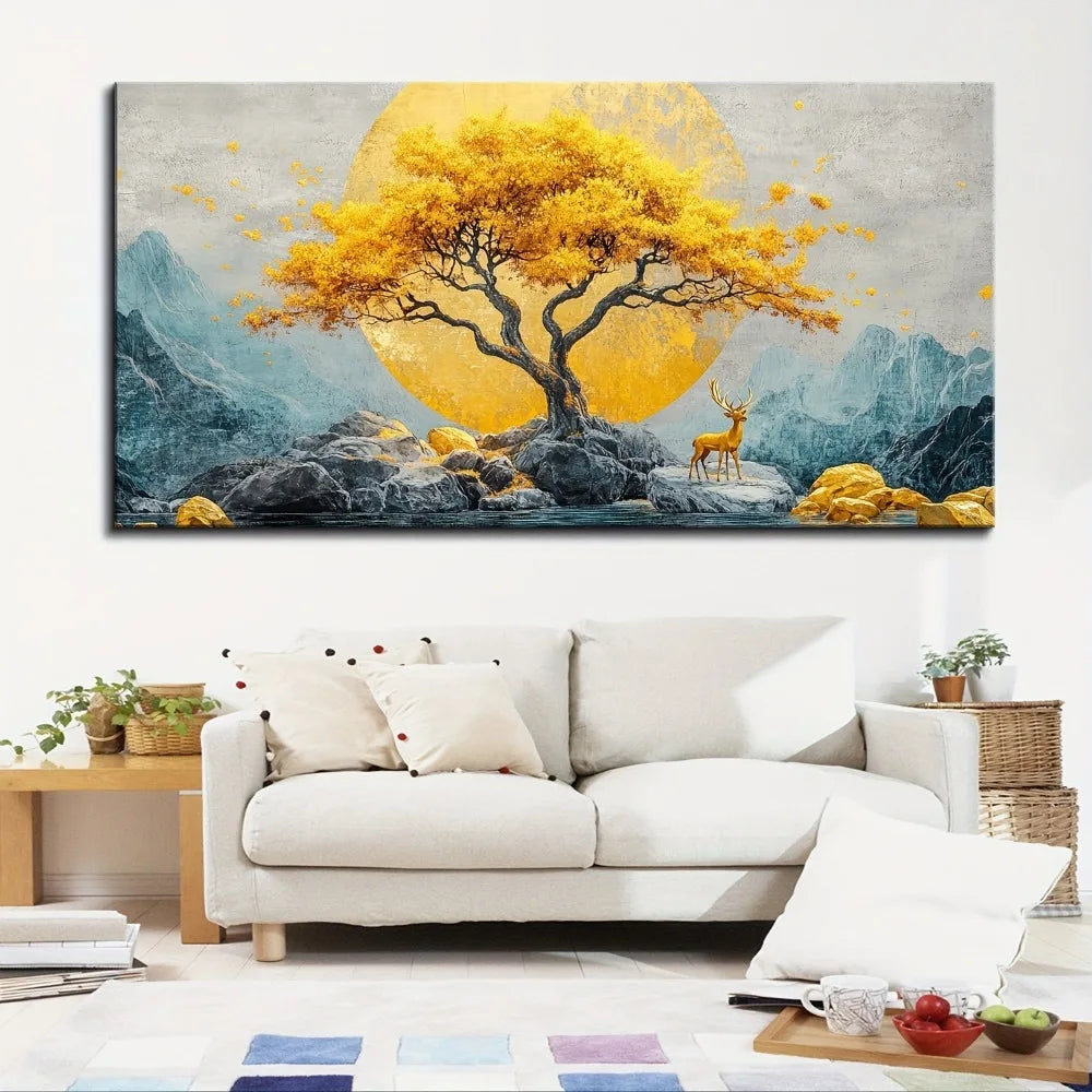 Abstract Yellow Tree| Stone| Deer Painted Wall Decor